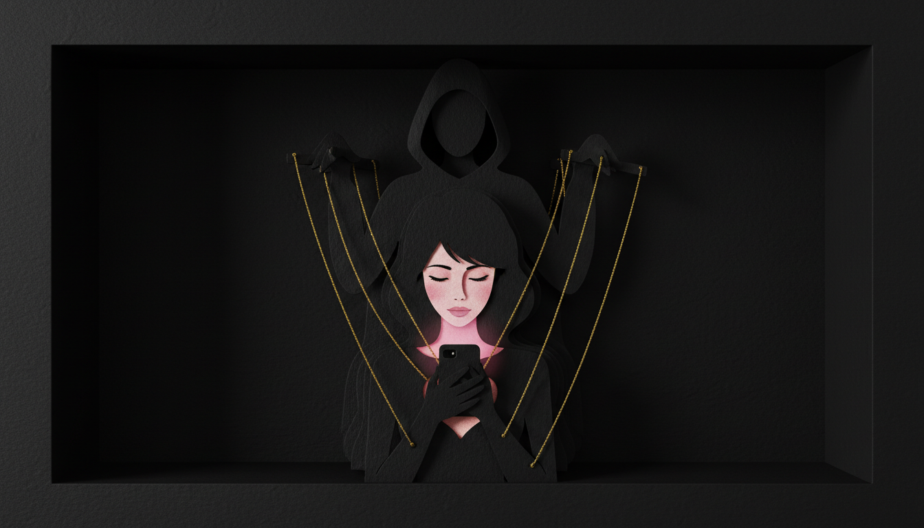 Дейтинг-мошенничество — тёмная фигура с нитями манипуляции